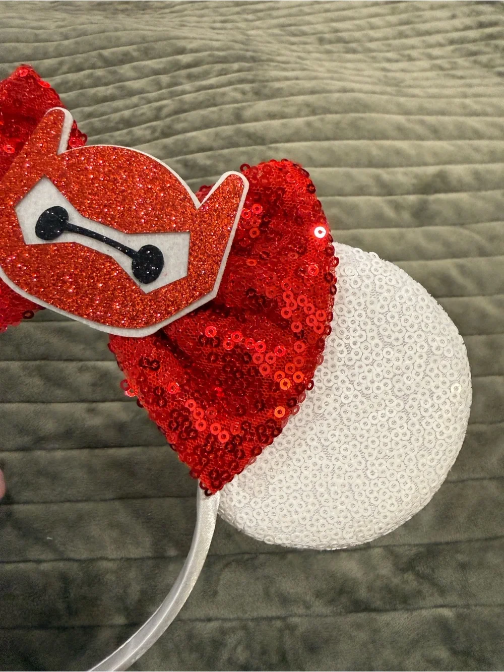 Sparkling Baymax Big Hero 6 Red Bow Mouse Ears Headband with White Sequin Ears